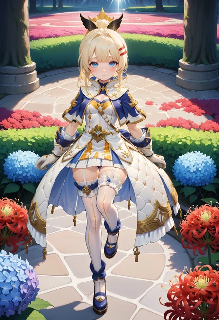 masterpiece, best quality, very aesthetic, absurdres, rom_saint_xl,
1girl, blonde hair, pony tail, hair ornament, blue eyes, 
full body, looking at viewer, miniskirt, mystical forest, water, spider lily, hydrangea, falling petals, light rays, tyndall effect, vivid colors, tranquil and magical atmosphere,
shiny skin, beautiful face, beautiful eyes, extreme detailed, official art, professional illustration, hires,
<lora:rom_saint_pony_xl:1>, <lora:aesthetic_anime_v1s:0.5>, <lora:add_details_xl:0.5>