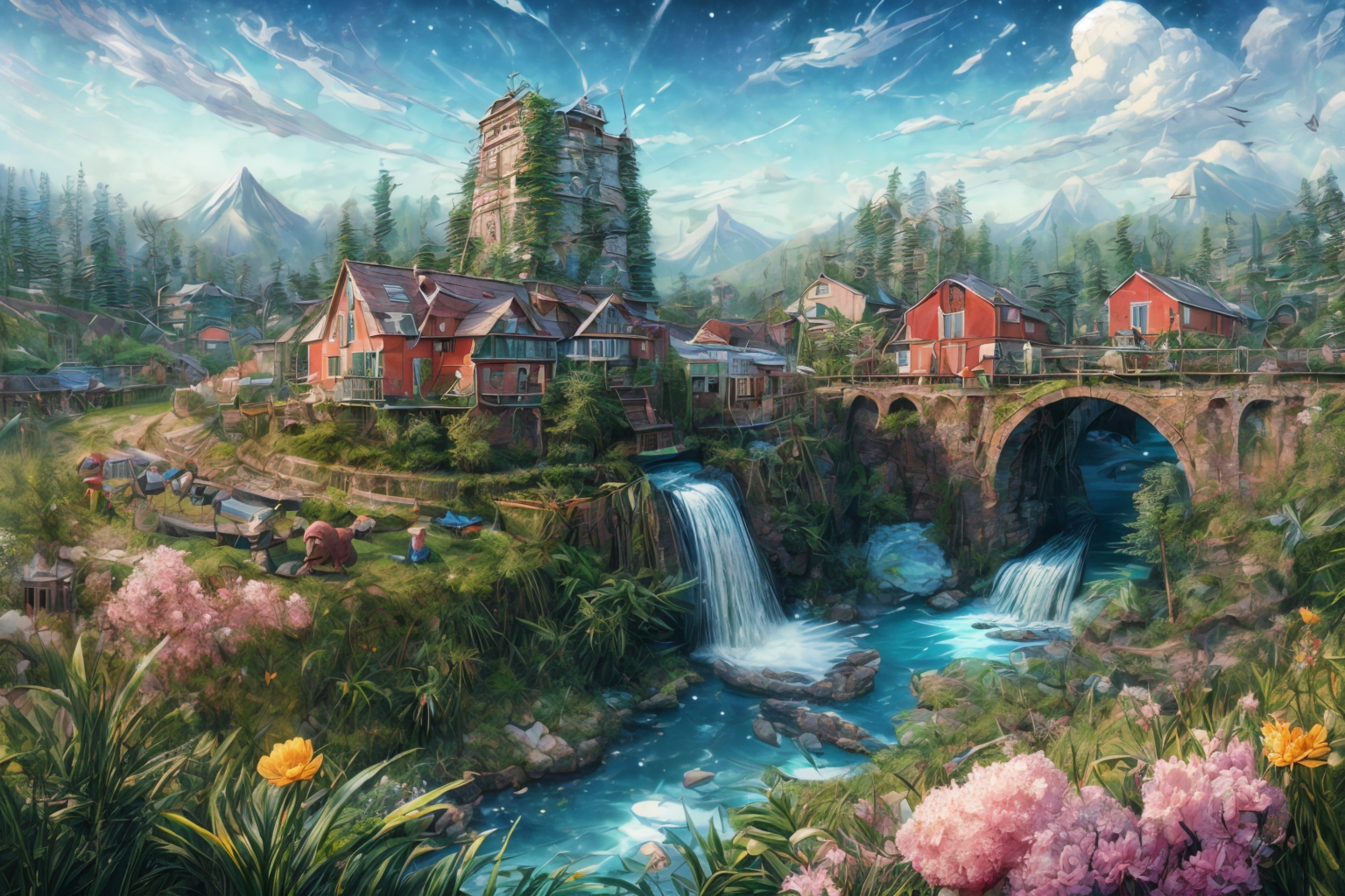 (RAW photo, 8k uhd, Analog style, Masterpiece, Best Quality, Highres:1.4), (dramatic, cinematic:1.2), BREAK,
movie shot of colorful hyperdetailed fantastic fantasy mysterious magic landscape, above clouds, (medieval elven fantasy (village:1.35), (steampunk:1.05) (peasant:1.15) (robots:1.1) (crowd:1.35), playing (little steampunk (girl:1.25):1.1), (farm:1.31), (lake, (river:1.14):1.15), (bridges:1.4), (waterfalls:1.35), (boat:1.4), (dock:1.1), (cliff:1.35), road, (green:1.05) valley, (flowers:1.2), (maple trees:0.65), (green:1.05) (fields:1.3), (fences:1.3), (snowy:1.17) (pines:1.1), (pink:1.0) (flowering tree:1.12):1.22), BREAK,
((mountains:1.22), (futuristic:1.15) (overgrown:1.27) (skyscrapers:1.53) (ruins:1.35), (market, water wheel, castle:1.14), (colorful houses:1.2), birds, stairs, spaceport, ((bright morning sun daylight:1.05) rainbow pure (blue:1.05) sky, glowing:1.05), starry, crescent, meteor, ((fluffy cloud:1.2), godrays, light particles:1.05), various seasons, steam, smokes:1.2), BREAK,
(photorealistic:1.2), (intricate:1.3), (light theme:1.3), (inspiring joyful atmosphere:1.2), (fabulous, fantasy, mysterious, science fiction, post-apocalypse, incredible, amazing, happy, sunny, pastoral:1.2), (hyperdetailed, absurdres:1.2), (colorful, saturated:1.4), colorful lighting, BREAK,
<lora:more_details:1>,