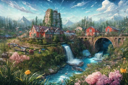 (RAW photo, 8k uhd, Analog style, Masterpiece, Best Quality, Highres:1.4), (dramatic, cinematic:1.2), BREAK,
movie shot of colorful hyperdetailed fantastic fantasy mysterious magic landscape, above clouds, (medieval elven fantasy (village:1.35), (steampunk:1.05) (peasant:1.15) (robots:1.1) (crowd:1.35), playing (little steampunk (girl:1.25):1.1), (farm:1.31), (lake, (river:1.14):1.15), (bridges:1.4), (waterfalls:1.35), (boat:1.4), (dock:1.1), (cliff:1.35), road, (green:1.05) valley, (flowers:1.2), (maple trees:0.65), (green:1.05) (fields:1.3), (fences:1.3), (snowy:1.17) (pines:1.1), (pink:1.0) (flowering tree:1.12):1.22), BREAK,
((mountains:1.22), (futuristic:1.15) (overgrown:1.27) (skyscrapers:1.53) (ruins:1.35), (market, water wheel, castle:1.14), (colorful houses:1.2), birds, stairs, spaceport, ((bright morning sun daylight:1.05) rainbow pure (blue:1.05) sky, glowing:1.05), starry, crescent, meteor, ((fluffy cloud:1.2), godrays, light particles:1.05), various seasons, steam, smokes:1.2), BREAK,
(photorealistic:1.2), (intricate:1.3), (light theme:1.3), (inspiring joyful atmosphere:1.2), (fabulous, fantasy, mysterious, science fiction, post-apocalypse, incredible, amazing, happy, sunny, pastoral:1.2), (hyperdetailed, absurdres:1.2), (colorful, saturated:1.4), colorful lighting, BREAK,
<lora:more_details:1>,