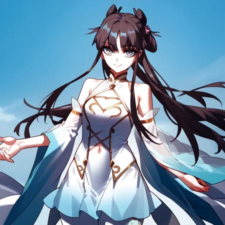 zPDXL3, score_9_up, score_8_up, score_7_up, (Anime_source), 1girl, standing, looking at viewer, smiling, GuXian’er, light blue eyes, dark brown hair, long hair, odango hair, white dress, halter dress, bare shoulders, jewelry, detached sleeves, white sleeves, wide sleeves, stomach cutout, pelvic curtain