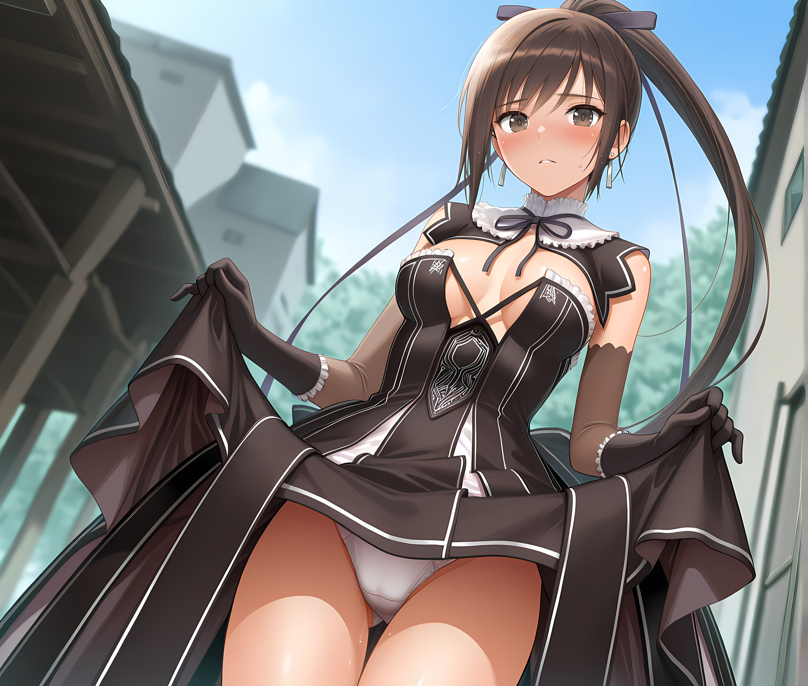 <lora:Maxima:1>,maxima,solo,brown hair,long hair,breasts,brown eyes,ponytail,hair ribbon,medium breasts,base outfit,blush,aroused,outdoors,looking at viewer,dress lift,white panties,, masterpiece,best quality,amazing quality, very aesthetic, absurdres,detailed eyes,ultra-detailed,