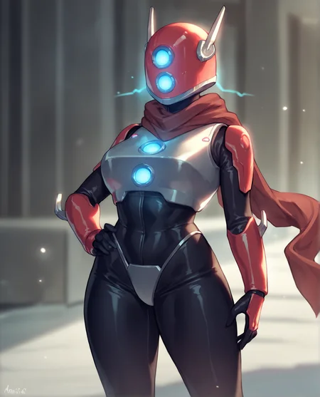 score_9, score_8_up, score_7_up, score_6_up, score_5_up, score_4_up, source_anime, female, solo, portrait,
<lora:huntress_pdxl_:1>, huntress, huntress \(risk of rain\), humanoid, mammal, robot, robot humanoid, standing, helmet, bodysuit, scarf, armor, gloves, breastplate, unusual eyes, antennae, glowing,
breasts, thick thighs,
standing,