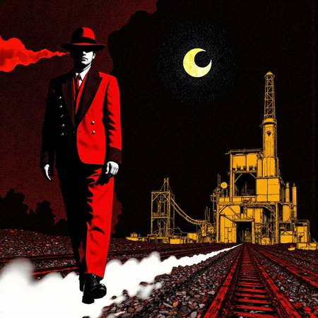 <lora:Vintage_Nudity_60s:0.5> fl0rate Op Art illustration, Mexican, fire theme, white-toned illustration of an abyssal adult punk clothed uniformed screwed up train conductor walking in a dark decrepit chemical factory, intricate black and poppy-red and brass fractal, magical, simplified, billowing bright glitter, very detailed, ground fog <lora:Florate Flux_v2_epoch_10:1>