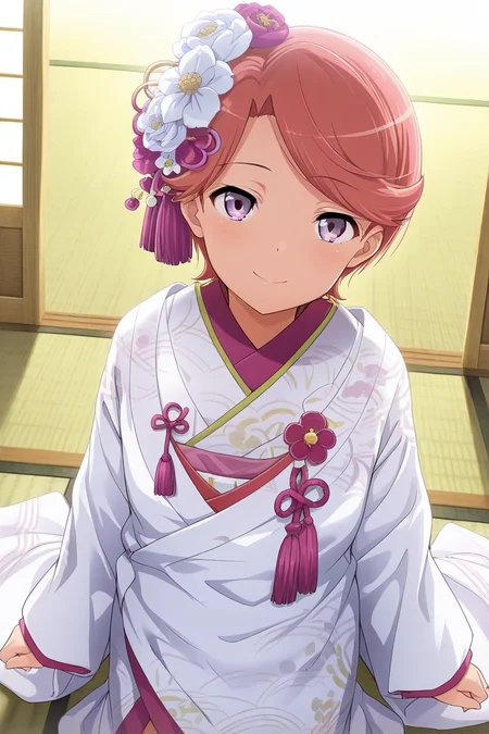 masterpiece, best quality, amazing quality,
<lora:Futaba_IL:1> futaba, 1girl, hair ornament, japanese clothes, solo, hair flower, flower, kimono, tassel, tatami, smile, short hair, white flower, white kimono, looking at viewer, bangs