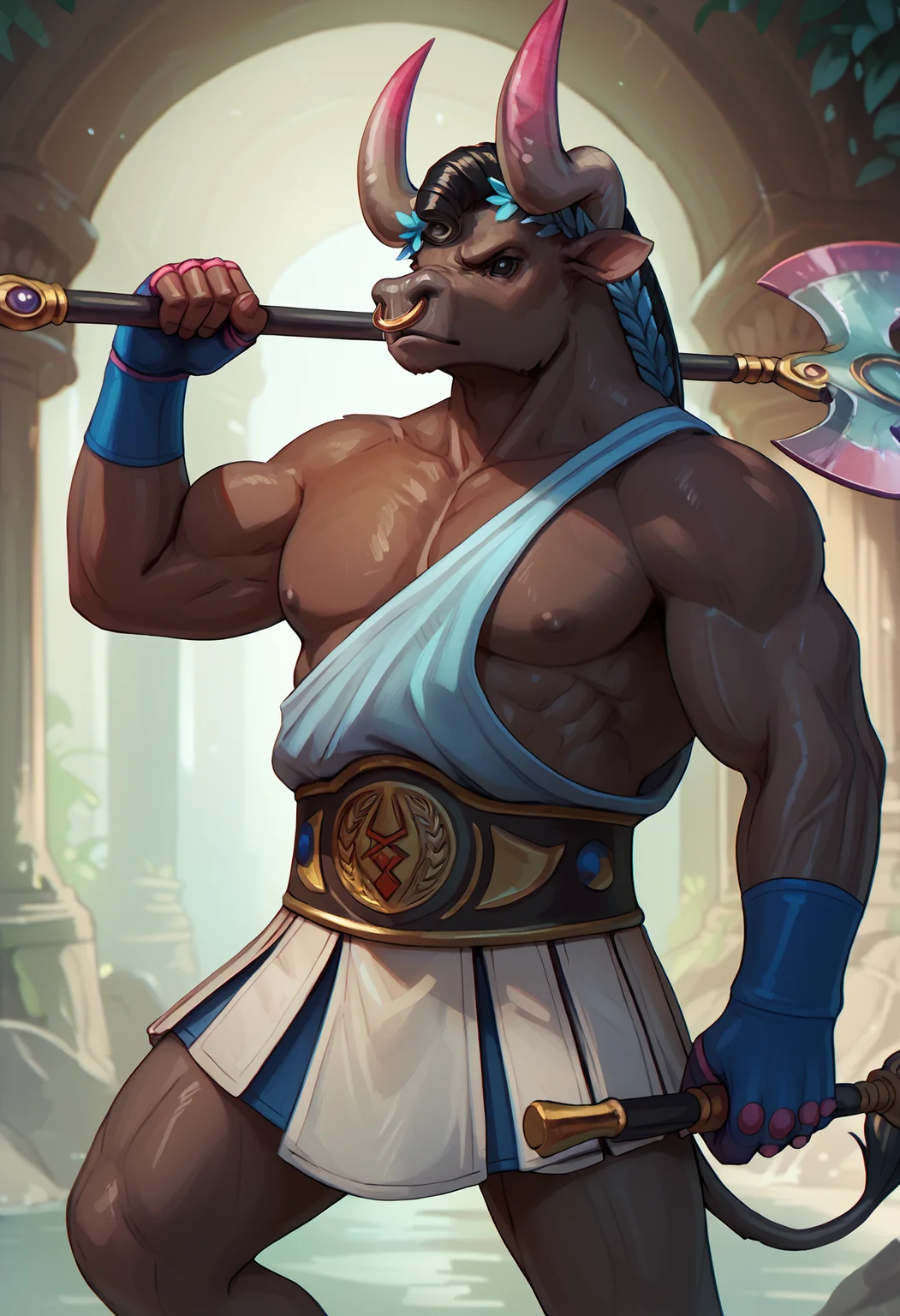 zPDXL3, score_9_up, score_8_up, score_7_up, detailed, source_furry, (best quality:1.2), hi res, ambient lighting, digital media \(artwork\) BREAK cowboy shot, solo, asteriushades, horns, minotaur, black eyes, tail, nose ring, muscular, broad shoulders, holding weapon, battle axe, action pose <lora:detailed_notrigger:1> <lora:Asterius_Hades_V1:1> <lora:hand 4:1> <lora:PersonalAmi_PonyXL:0.5>