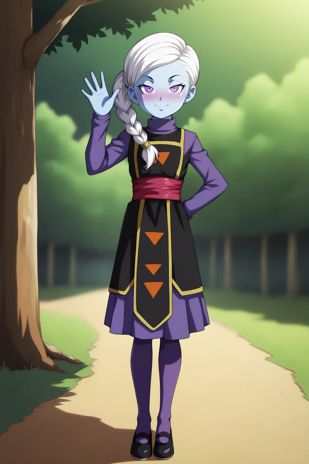 score_9, score_8_up, score_7_up, score_6_up, BREAK, KusuDBSPXL, colored skin, blue skin, purple eyes, white hair, single braid, side ponytail, long hair, flat chest, turtleneck, purple undershirt, long sleeves, black dress, red sash, underskirt, purple skirt, purple pantyhose, black footwear, solo, full body, standing, waving, seductive smile, looking at viewer, naughty face, nose blush, forest, tree <lora:KusuDBSPXL:1>