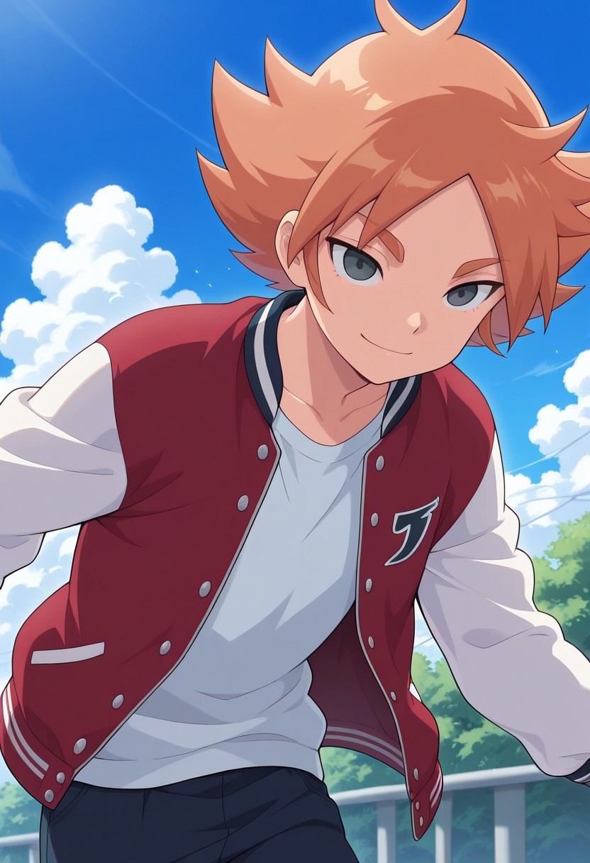 masterpiece,best quality,amazing quality, source_anime, 
FubukiAtsuya, 1boy, male focus, solo, grey eyes, orange hair, letterman jacket, red jacket, white shirt, open jacket, smile,
outdoor, sky, day, clouds,