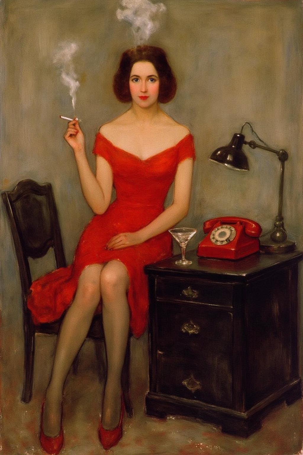 pietmondrian1 painting.
A woman is sitting on a black desk. She is dressed in a red dress, stockings, and high-heeled shoes. She is holding a cigarette, with smoke rising above her. On the desk are a red rotary telephone, a desk lamp, and a martini glass. 
 <lora:pietmondrian1_cap_d8a4e11:1.0><lora:860680139296525559:0>