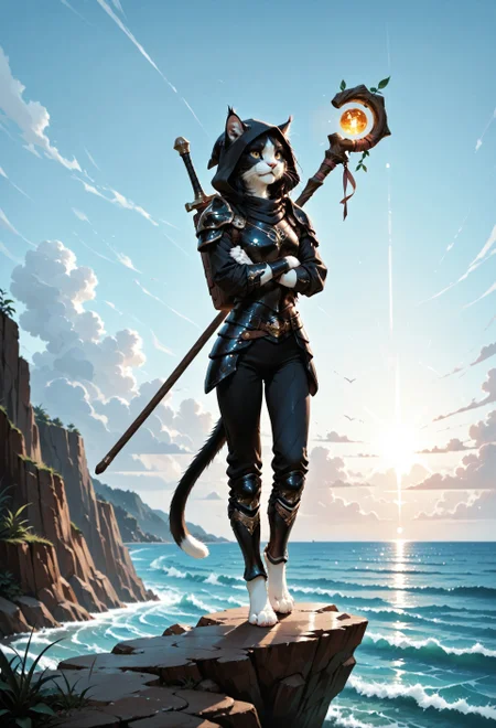 score_9, score_8_up, score_7_up, (solo), sfw BREAK 1girl, Ember (ESO), anthro, feline, black and white fur, cat tail, black hair, slim, (black armor:1.2), pants, hood, (wizard's staff on the back:1.2), BREAK on the cliff, high altitude, sea below, ((looking away)), beautiful nature background, crossed arms, summer, day, beautiful sky, extremely detailed, cinematic soft lighting, tranquil setting, natural beauty, detailed background, sharp focus, extremely detailed, high detail, dynamic angle, dynamic pose