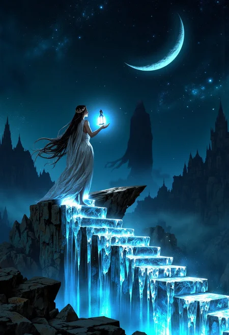 A floating staircase of translucent crystal winds upward through a vast, star-filled void. On one of the steps, a barefoot woman in a flowing silver gown pauses, gazing upward at a glowing crescent moon suspended in the distance. Her hair is adorned with tiny, twinkling lights, resembling a crown of stars. Her hands hold a lantern that emits a soft, bluish glow, casting faint shadows on the crystal steps. The faint outline of an enormous, shadowy figure looms far behind her, its form just barely discernible against the backdrop of infinite stars.