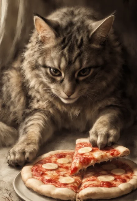 sk3tchstyle, a fluffy, medium-sized cat named Allie with a mottled coat featuring dark brown and black tabby stripes eating pizza
