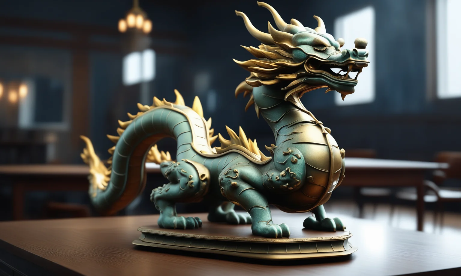 <lora:bronzecd_xl-000006:0.7>,a statue of a chinese dragon made of (bronzecd_xl,bron,cyan:0.1) in office scene,full body,miniature,tilt-shift,indoors,chinese zodiac,wooden table,cutie,cute,still life,animal statue,front view,facing viewer,looking at viewer,(Unbelievable Digital Artwork:1.3),CGSociety,ArtStation,master works, 8K, HDR, UHD, masterpiece, best quality, highly detailed, high resolution, finely detail, extremely detailed, ultra detailed, wallpaper