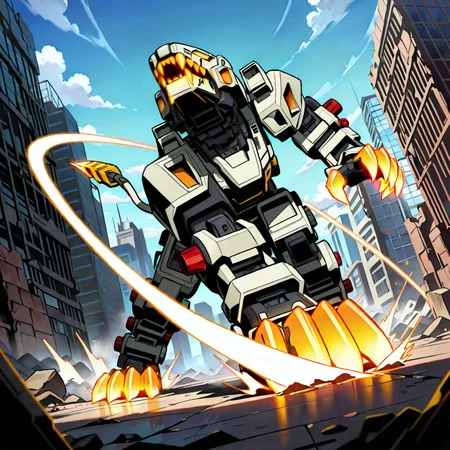 (masterpiece, best quality, amazing quality, very aesthetic, absurdres, newest,),(solo),
(<lora:Liger_Zero:1>,liger zero),
ruins,glowing claws,glowing face,falling from sky,slashing, mid air,