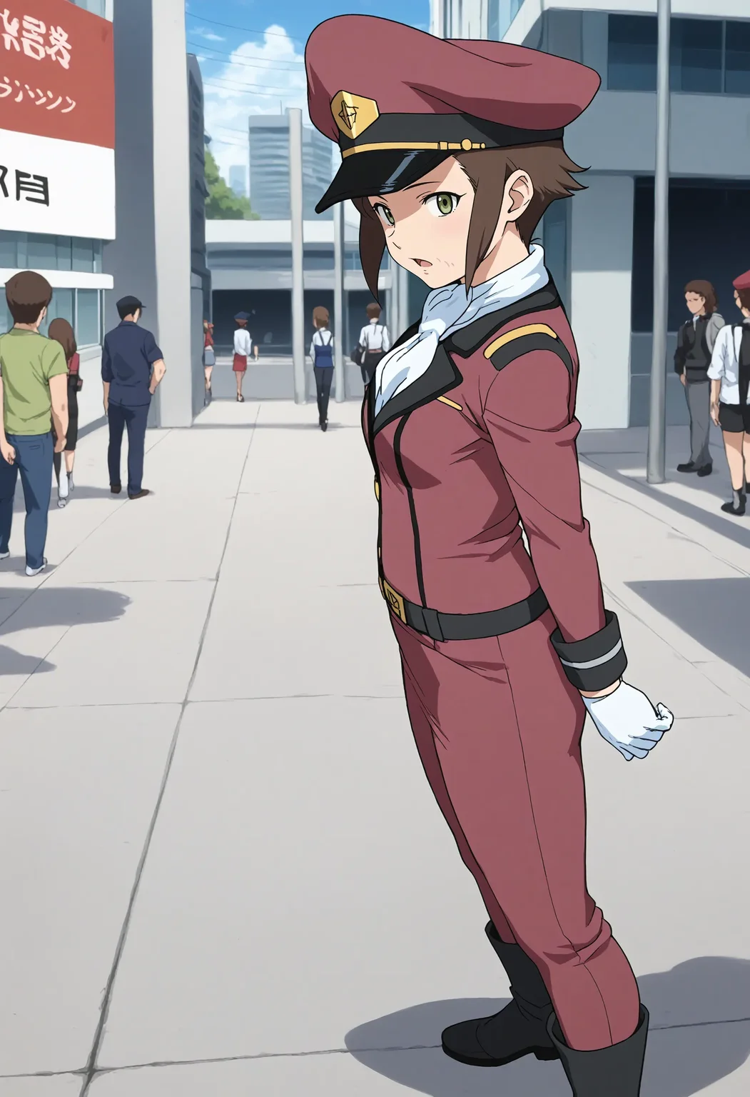 <lora:Hyper-SDXL-8steps-lora:1> <lora:Fixhands_anime_bdsqlsz_V1:1> zPDXL2, score_9, score_8_up, score_7_up, source_anime, intricate details, perfect anatomy BREAK
outdoors, city, tokyo, japan, audience, crowd, against wall, standing, leaning back, arched back , contrapposto, looking at viewer, from side, arms behind, Surprised, Wide-open eyes, a raised brow, and an open mouth., 1girl, solo, solo focus, 
<lora:GAGE-AG140millais_alloy_XL(pony)v10:1> (wrinkled skin, aged up:1.2), GAGE-AG140millais, brown hair, short hair, green eyes, red peaked cap, GAGE-AG140millais outfit, red dress, white ascot, white gloves, belt, red pencil skirt, red pants, white boots,