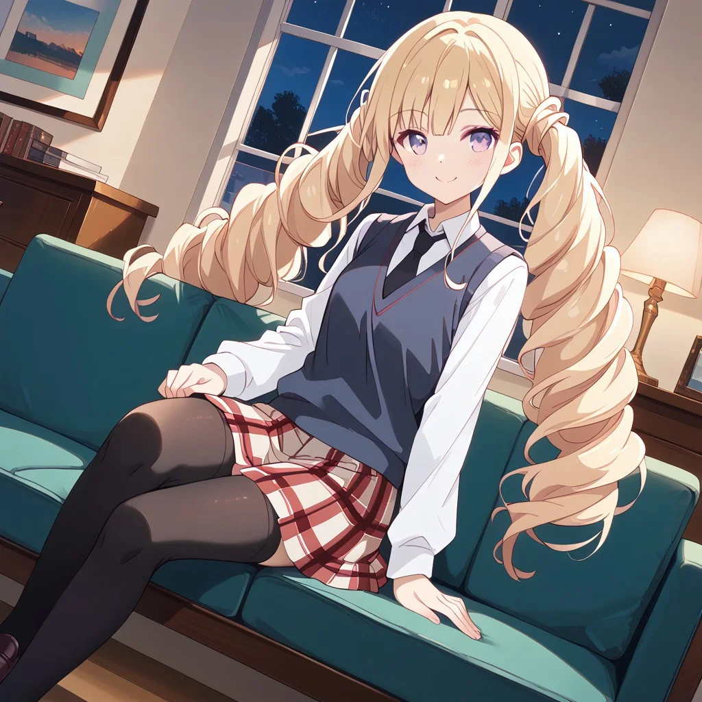 masterpiece, best quality, score_9, score_8_up, score_7_up, full body, 1 girl, looking at viewer, cowboy shot, dutch angle, indoors, sitting on couch, living room, night, blush, smile, Shia Foschurose, blone hair, twin drills, twintails, purple eyes, school uniform, sleeveless sweater vest, white shirt, black tie, long sleeved shirt, plaid skirt, black thighhighs, brown loafers