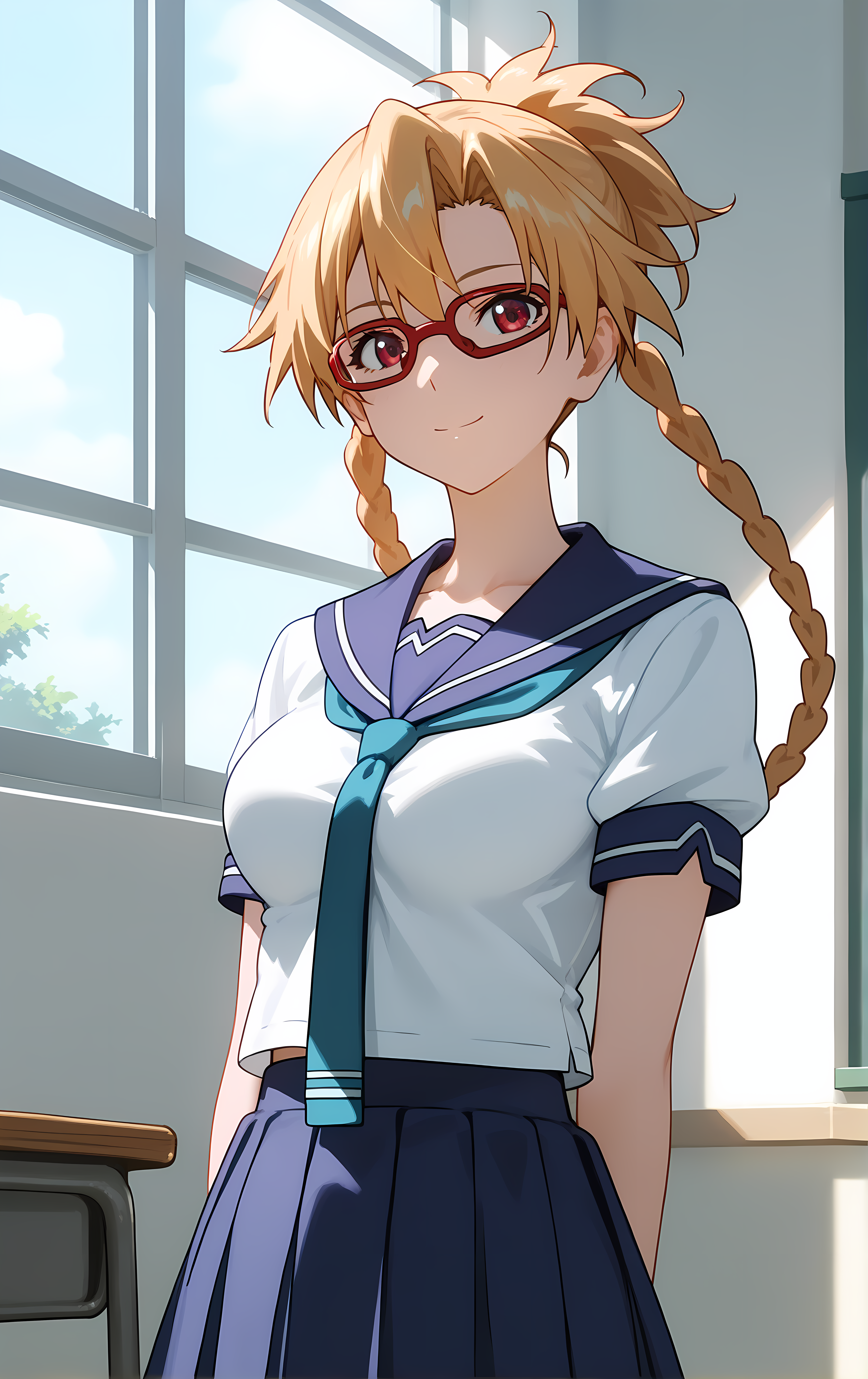 (score_9, score_8_up, score_7_up), standing, looking at viewer, closed mouth, light smile, tight clothes, close-up,
ohwx, 1girl, solo, school_uniform, glasses, braid, breasts, skirt, blonde_hair, red-framed_eyewear, pleated_skirt, large_breasts, serafuku, long_hair, blue_skirt, necktie, ponytail, sailor_collar,
 <lora:furan_takaki_pony_ss:1>
window, sunlight, classroom,