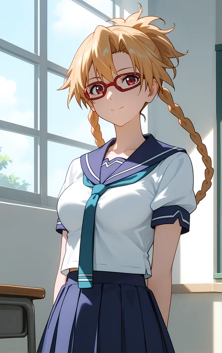(score_9, score_8_up, score_7_up), standing, looking at viewer, closed mouth, light smile, tight clothes, close-up,
ohwx, 1girl, solo, school_uniform, glasses, braid, breasts, skirt, blonde_hair, red-framed_eyewear, pleated_skirt, large_breasts, serafuku, long_hair, blue_skirt, necktie, ponytail, sailor_collar,
<lora:furan_takaki_pony_ss:1>
window, sunlight, classroom,