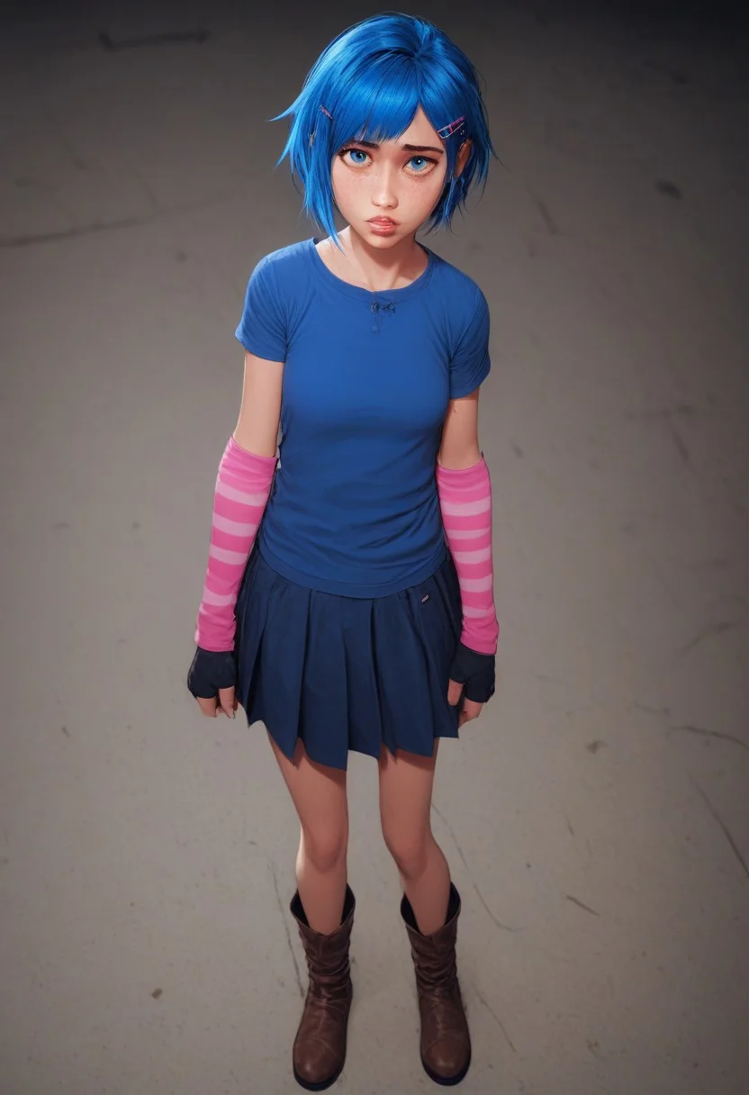 score_9, score_8_up, score_7_up, <lora:powderV02_> powder 1girl, hair clips, beautiful face, arcane, bangs, blue hair, blurry, braid, freckles, hair ornament, looking at viewer, parted lips, powder, shiny hair, short hair, short sleeves, solo , blue eyes, perfect lips,age difference,small breasts,petite,<lora:Realistic000003_1_2.5DAnime_0.05_Merge1:1> <lora:add-detail-xl:1> eyes blue, zPDXL zPDXLxxx,blue leg warmers, blue shirt, blue skirt, boots, brown boots, brown pants, elbow gloves, fingerless gloves, leg warmers, leggings, pants, pink leggings, pink sleeves, shirt,blue short pants, skirt, sleeves, striped sleeves, portrait, official style, arcane style
standing,full body , collecting mechanical parts