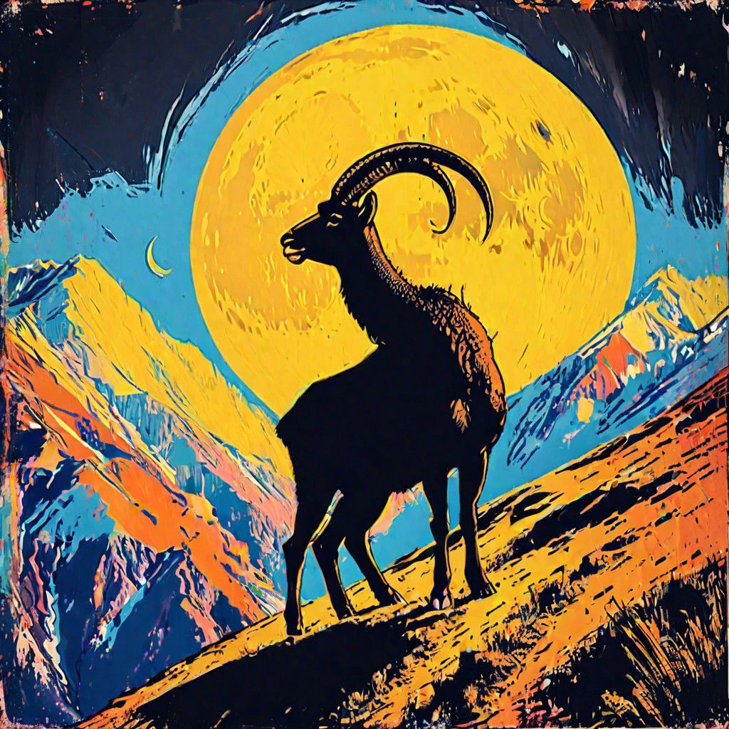 impactful color paint of, 1 walia ibex standing on top of a cliff under 1 white moon, black silhouette against white moon, black cliff, black  sky,