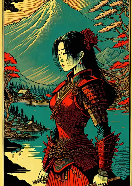 woodcut painting of an armored samurai woman in front of a heavenly lake, warm lighting, soft focus, vivid colors, facing away
