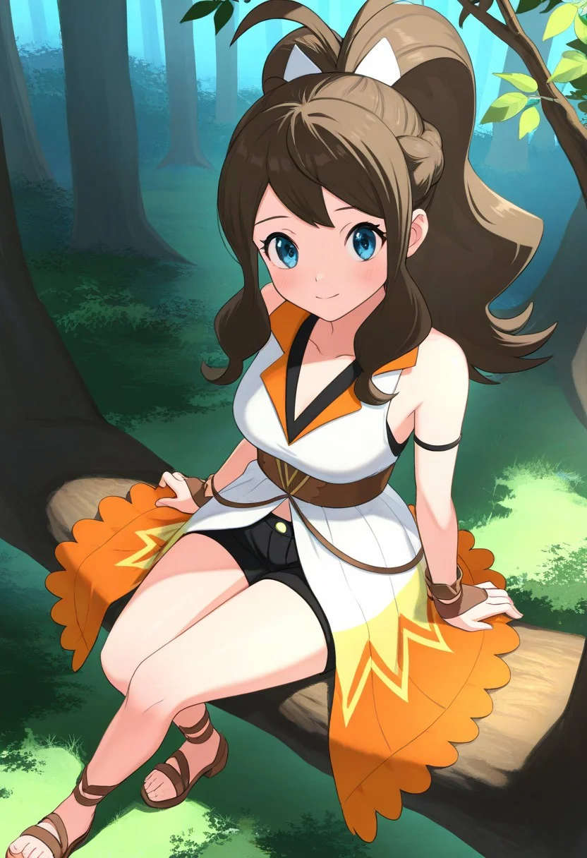 2d, masterpiece, best quality, amazing quality, highres, absurdres, newest, 1girl, solo, sitting, on branch, forest, from above, dutch angle, looking at viewer, medium breasts, syghilda, blue eyes, brown hair, sidelocks, high ponytail, antenna hair, sleeveless dress, showgirl skirt, multicolored dress, white dress, orange dress, v-neck, bridal gauntlets, bracelet, black shorts, short shorts, sandals, brown footwear, block heels, score_9, score_8_up, score_7_up,source_anime, rating_safe