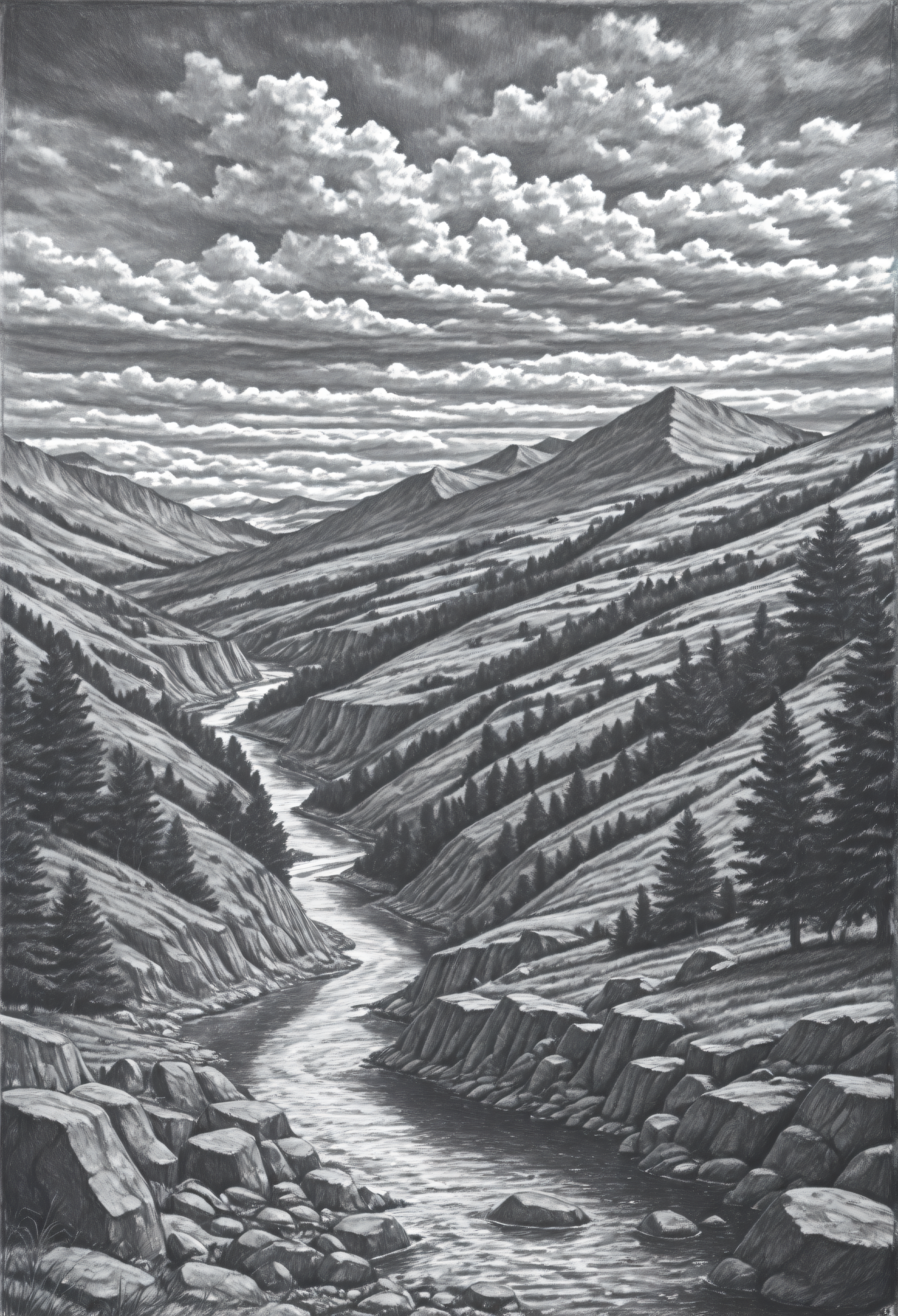 <lora:SketchArtV2:1.0>, greyscale, monochrome, sk3tch, hatching/(texture/), no human,
scenery, tree, mountain, rock, river, cloudy, sky, very awa, masterpiece, best quality, highres, absurdres