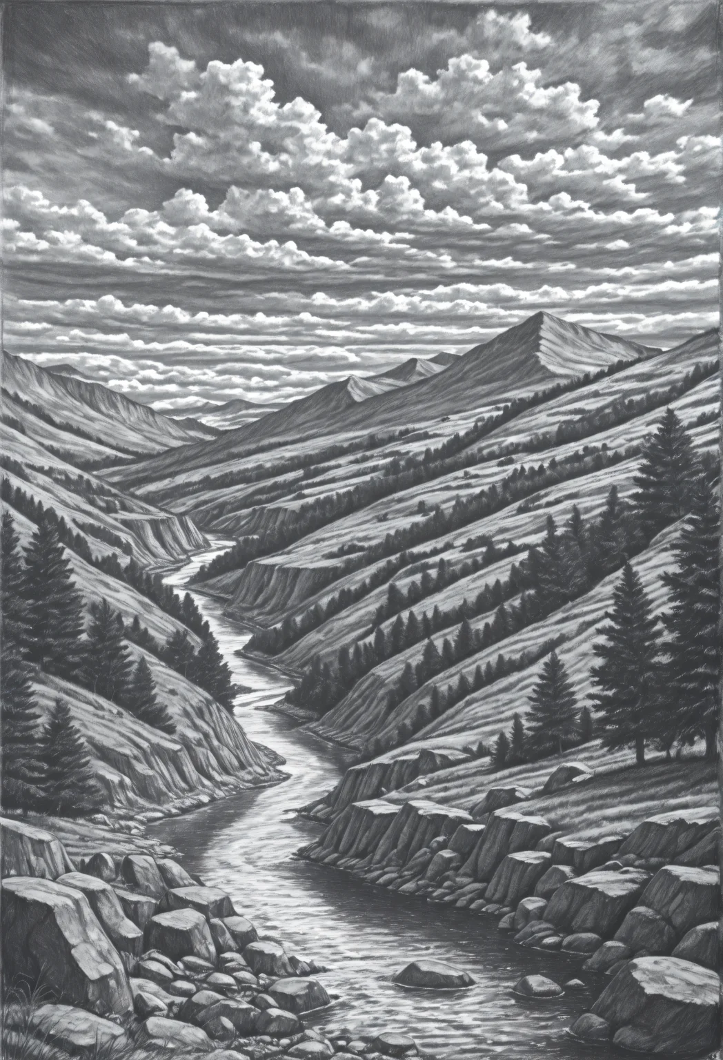 <lora:SketchArtV2:1.0>, greyscale, monochrome, sk3tch, hatching/(texture/), no human,
scenery, tree, mountain, rock, river, cloudy, sky, very awa, masterpiece, best quality, highres, absurdres