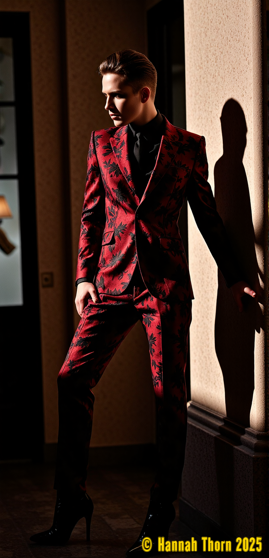 A photorealistic, low-angle monochrome shot in the style of Helmut Newton and Peter Lindbergh, featuring a sharply silhouetted figure in a richly patterned red and black high-collared suitâa gothic floral designâcentrally positioned against a blurred, warmly lit background.  Employ a high-contrast chiaroscuro effect with deep blacks and strong shadows cast upon a wall, creating a dramatic, grainy film aesthetic reminiscent of classic black and white photography.  Shallow depth of field blurs the background, emphasizing the intricate suit details and the mysterious silhouette.  The overall mood is dark, moody, elegant, and sophisticated, with the lighting accentuating the textures and patterns of the suit, evoking a captivating and mysterious atmosphere.  Incorporate subtle Art Deco influences in the suit's pattern. <lora:_Flux\_Photographer\Helmut_Newton-000001.safetensors:0.8:0.8>