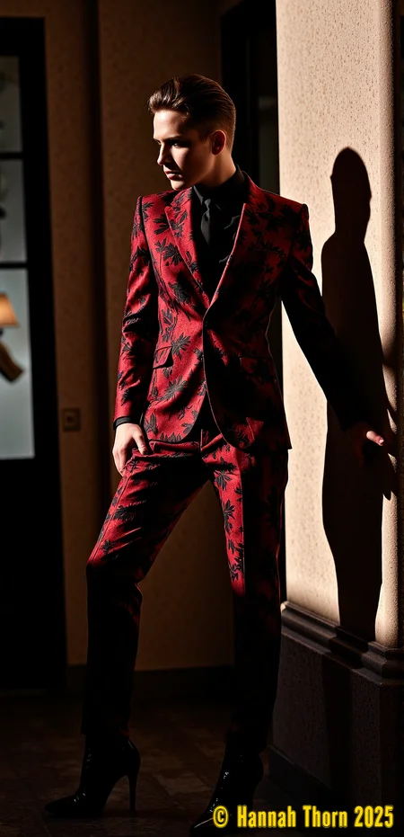 A photorealistic, low-angle monochrome shot in the style of Helmut Newton and Peter Lindbergh, featuring a sharply silhouetted figure in a richly patterned red and black high-collared suitâa gothic floral designâcentrally positioned against a blurred, warmly lit background.  Employ a high-contrast chiaroscuro effect with deep blacks and strong shadows cast upon a wall, creating a dramatic, grainy film aesthetic reminiscent of classic black and white photography.  Shallow depth of field blurs the background, emphasizing the intricate suit details and the mysterious silhouette.  The overall mood is dark, moody, elegant, and sophisticated, with the lighting accentuating the textures and patterns of the suit, evoking a captivating and mysterious atmosphere.  Incorporate subtle Art Deco influences in the suit's pattern. <lora:_Flux\_Photographer\Helmut_Newton-000001.safetensors:0.8:0.8>