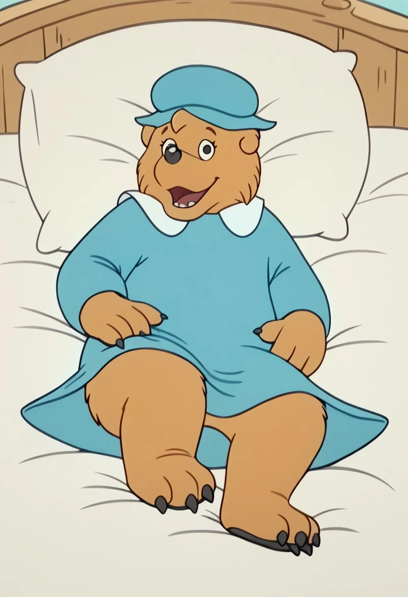 score_9, score_8_up, score_7_up, BREAK MamaBear, 1girl, anthro bear, light brown fur, black eyes, black nose, light blue hat, white-collared long-sleeved light blue dress, full body, solo, solo focus, alone, happy at viewer, cartoon, source_cartoon, laying in bed, sexy pose, pinup,