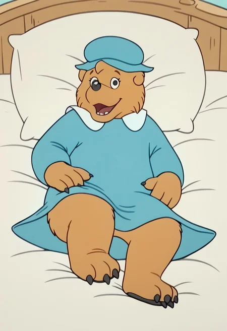 score_9, score_8_up, score_7_up, BREAK MamaBear, 1girl, anthro bear, light brown fur, black eyes, black nose, light blue hat, white-collared long-sleeved light blue dress, full body, solo, solo focus, alone, happy at viewer, cartoon, source_cartoon, laying in bed, sexy pose, pinup,