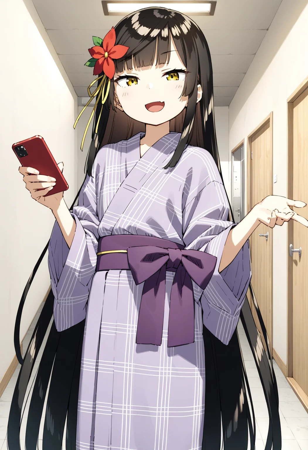 1girl, futarishizukaalt, (kani biimu:1.22), bath yukata, purple obi, holding smartphone, red smartphone, indoor hallway, white wall, ceiling light, long sleeves, hair flower, (absurdly long hair), yellow eyes, black hair, smug, (squinting:0.7), (masterpiece, best quality, very aesthetic), highly detailed, finely detailed, wide smile, open mouth, :d, detailed hands, <lora:futarishizuka_animagine31_8-35:1.0:lbw=XMID>