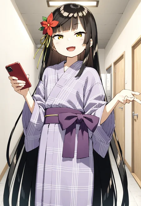 1girl, futarishizukaalt, (kani biimu:1.22), bath yukata, purple obi, holding smartphone, red smartphone, indoor hallway, white wall, ceiling light, long sleeves, hair flower, (absurdly long hair), yellow eyes, black hair, smug, (squinting:0.7), (masterpiece, best quality, very aesthetic), highly detailed, finely detailed, wide smile, open mouth, :d, detailed hands, <lora:futarishizuka_animagine31_8-35:1.0:lbw=XMID>