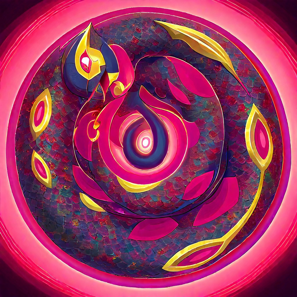 colored Mandala style, medium stylized pattern, (deep_purple, black, red, gold),Seviper, serpentine, vertical_figure_eight_pattern, intricate_design, symmetrical, traditional_mandala,  ()glowing_golden_elements), luminous, mystical, highly_detailed, intricate_scales, geometric_patterns, harmonious_composition, masterpiece, balanced, precise, artistic, reverence, Pokémon