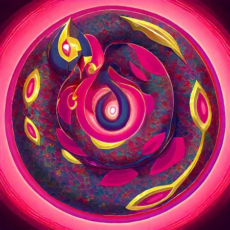 colored Mandala style, medium stylized pattern, (deep_purple, black, red, gold),Seviper, serpentine, vertical_figure_eight_pattern, intricate_design, symmetrical, traditional_mandala, ()glowing_golden_elements), luminous, mystical, highly_detailed, intricate_scales, geometric_patterns, harmonious_composition, masterpiece, balanced, precise, artistic, reverence, Pokémon