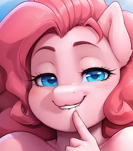 score_9, score_8_up, anthro, equid, equine, female, mammal, straight hair, blue eyes, pupils, pink body, close up, biting lip, 2023, smile, finger to mouth, naughty face, <lora:Ponk_spindles:0.9>