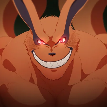 score_9, score_8_up, score_7_up BREAK Kurama, nine tailed fox, kyuubi, 1boy, solo, growing, muscular male, large veiny muscles, large pectorals, red eyes, looking at viewer, teeth, smile, grin, glowing eyes