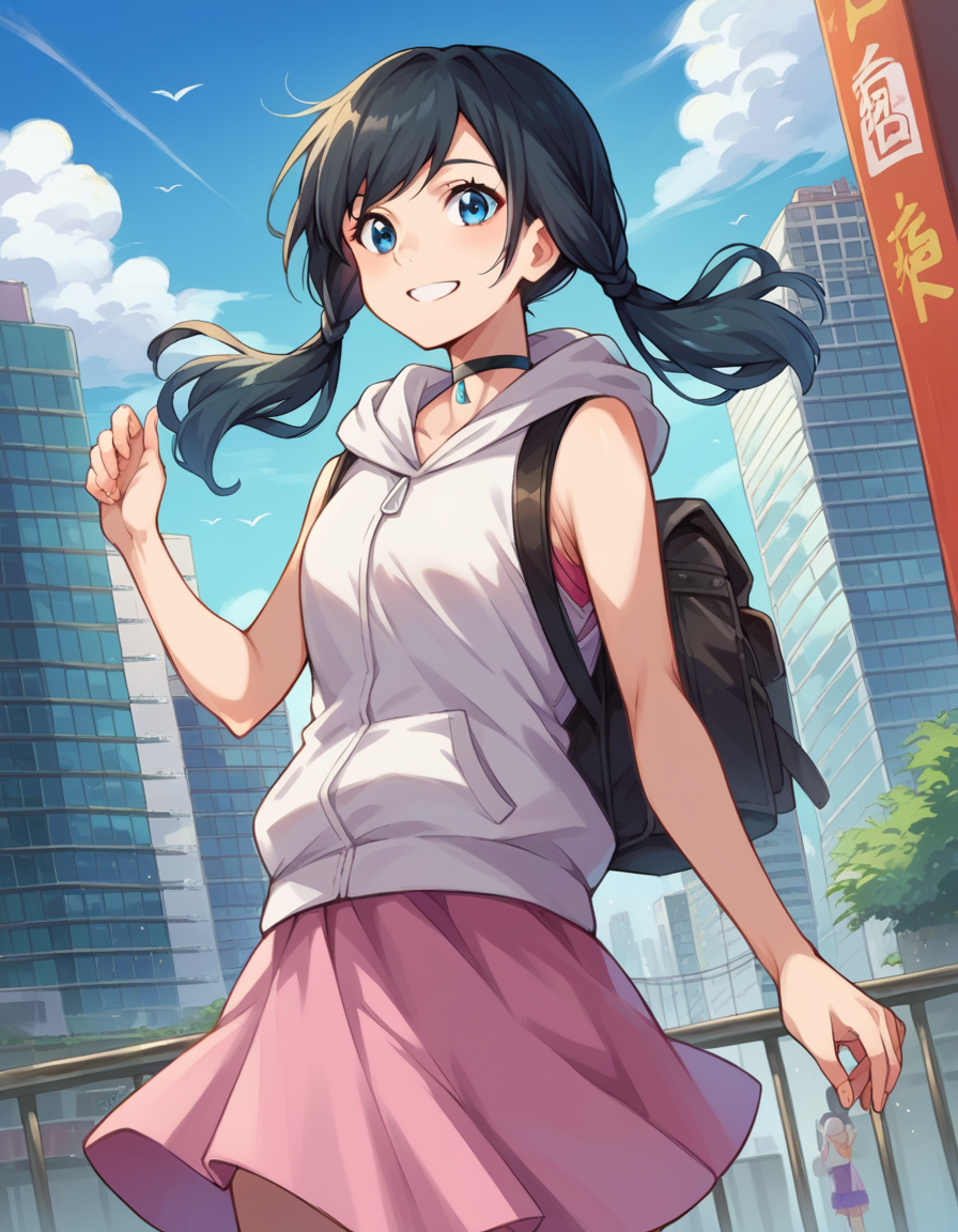 score_9, score_8_up, score_7_up, source_anime,
hinaamano, <lora:hina-amano-ponyxl-lora-nochekaiser:1>,
hina amano, black hair, twintails, blue eyes, smile,
skirt, jacket, sleeveless, choker, hood, bag, hoodie, white jacket, backpack, hood down, hooded jacket, pink skirt, sleeveless jacket, sleeveless hoodie,
outdoors, cityscape,
looking at viewer, dutch angle, cowboy shot,