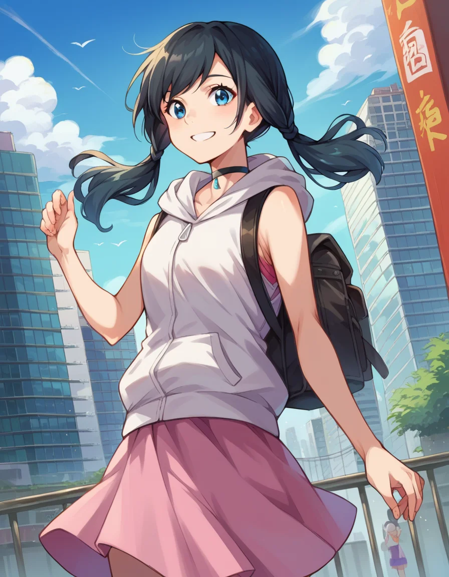 score_9, score_8_up, score_7_up, source_anime,
hinaamano, <lora:hina-amano-ponyxl-lora-nochekaiser:1>,
hina amano, black hair, twintails, blue eyes, smile,
skirt, jacket, sleeveless, choker, hood, bag, hoodie, white jacket, backpack, hood down, hooded jacket, pink skirt, sleeveless jacket, sleeveless hoodie,
outdoors, cityscape,
looking at viewer, dutch angle, cowboy shot,