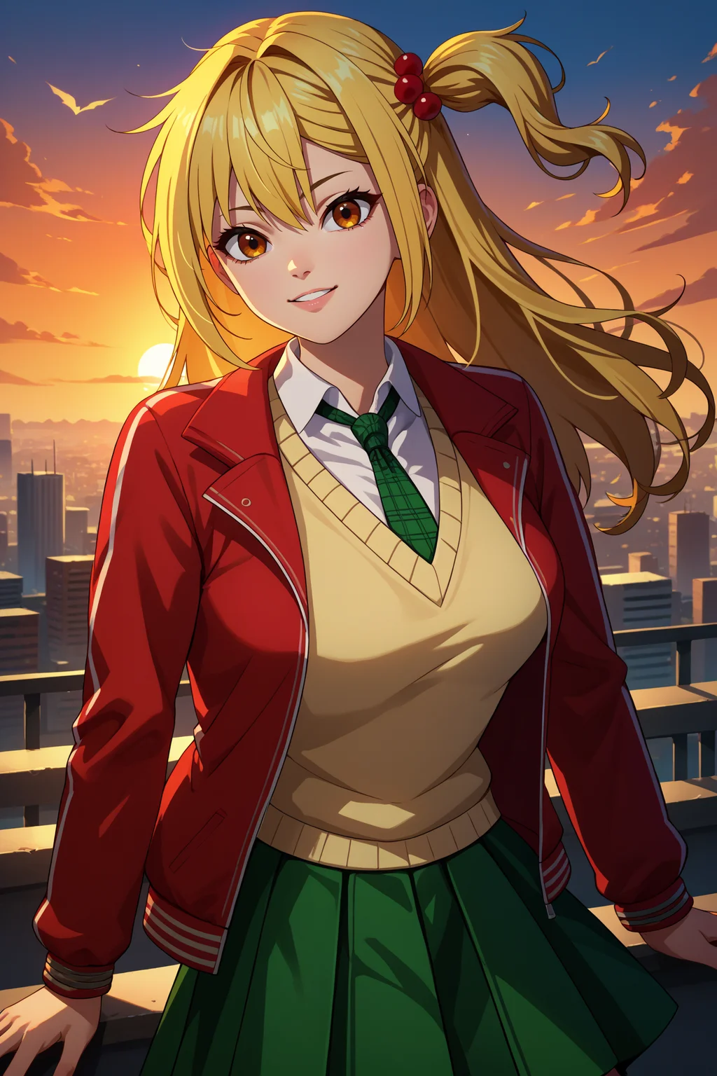 score_9, score_8_up, score_7_up, score_6_up, source_anime, 1girl, solo, <lora:yuriamagake-pdxl-nvwls-v1-000004:1> amayr, blonde hair, long hair, one side up, brown eyes, yellow sweater vest, green necktie, red jacket, green skirt, pleated skirt, breasts, looking at you, sunset, city, happy, arms at sides, upper body