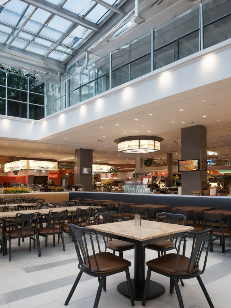 <lora:JJsFood_Court_XL:1>, ((Food Court)), masterpiece , best quality, subject,  soft lighting, high quality, indoors, real world location, enough detail, high resolution, 8k, HD, super realistic, Photorealistic, highly detailed, table, chair, ceiling light,