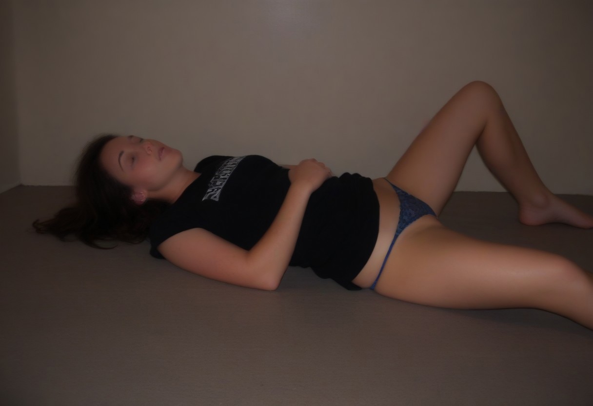 score_9_up, score_8_up, score_7_up, score_6_up, 1girl, solo, shocking alarming explicit invasive passed out college girl, unresponsive at house party, low angle, horizontal, on floor, detailed, disheveled, vulnerable, passed out, unconscious,  (full body shot:1.3), hyperrealistic, realistic, hdr, highres, laying (sprawled out:1.1), unnatural disturbing position, (nighttime:1.4), sleeping, (slack jawed:1.1), face up, vulnerable, (disheveled:1.1), (amateur:1.2), (realism:1.3), (realistic:1.2), real life, photorealistic, detailed, denim short shorts, t-shirt, dress pulled down, bra, (panties askew:1.4), pubic hair visible, sfw, unflattering, humiliating, degrading, legs spread, appalling abuse photo, camera flash,