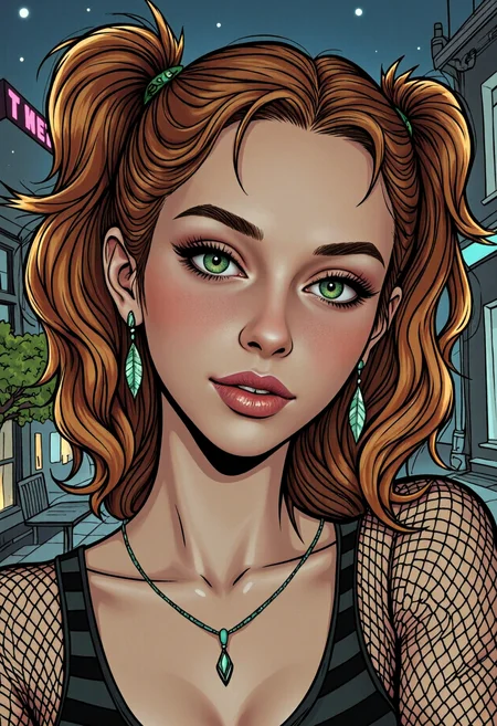 2.5D comic book style eye-level 2D illustration capturing the essence of skinny swedish 1girl, 26yo, with dreamy emerald green eyes and pale skin with a playful attitude. She has wavy auburn low twintails hair with feathered bangs and bold makeup combining black tones and eccentric mascara contrasted by lipgloss, wearing punk net top in a striped design matching dangle earrings and a necklace. Set in a cafe with a scifi atmosphere and an outdoor seating area, on a dark clear summer midnight. With harsh split lighting, bold linart, cartoon, exaggerated dynamic, masterpiece, 4k