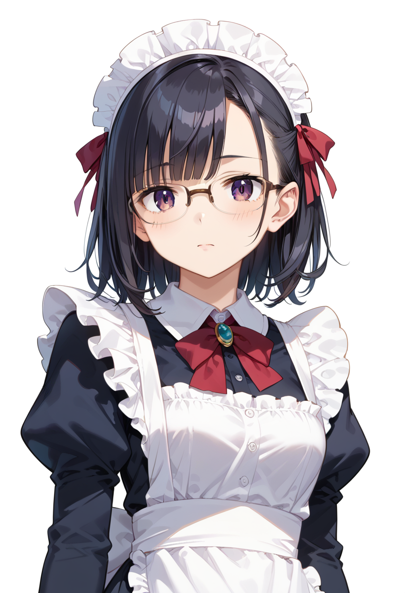 score_9, score_8_up, score_7_up, rating_safe, masterpiece, best quality, absurdres, unity 8k wallpaper, official art, official style, source_anime, uncensored, game cg, megami magazine,
1girl, solo, black hair, medium hair, upper body, covered eyes,maid, maid headdress, black dress, maid apron, face focus,
halfrim22A,  still life, white background, simple background, brown-framed eyewear,
 <lora:glasses_halfrim22A_PONY_V1:1>