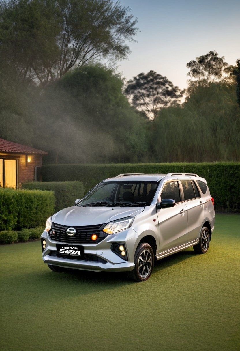 high resolution, best quality, Car, Daihatsu Sigra, Suburban backyard, evening, barbecue,