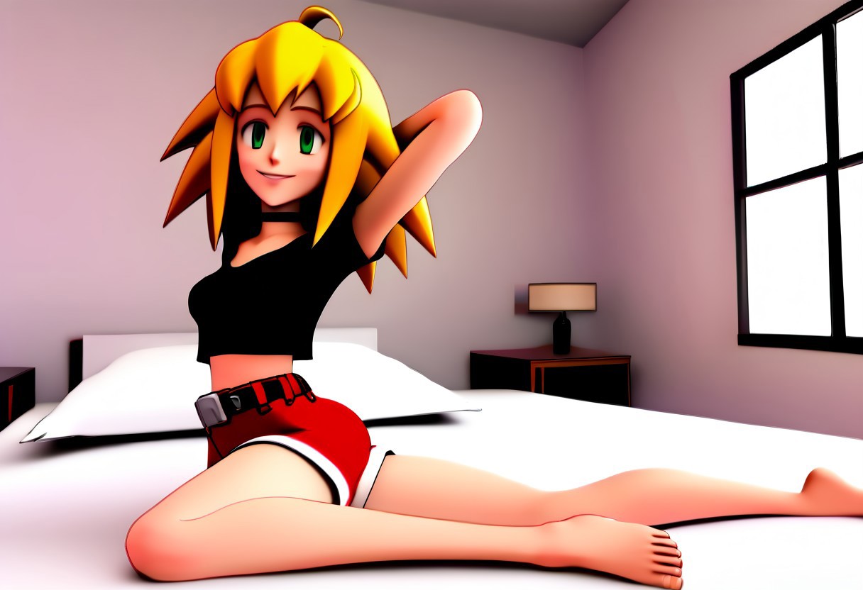 Duplicate seed image with the following changes: Roll crossing her legs at the ankles, 
BREAK: 1girl, solo female, Roll Caskett (mega man), <lora:roll_caskett:1>, blonde hair, green eyes, long messy hair with pointed bangs, long side locks and center part hair, black choker, medium breasts, athletic petite female body, cropped t-shirt tanktop, red short-shorts with black belt, barefoot, smooth soles, pretty feet, laying prone on bed with crossed ankles and feet up behind head, smiling at viewer, affection for green fly;
bedroom, green bottlefly,
megaman legends anime style, 3D,
NEGATIVE_HANDS, bad_prompt_version2, ng_deepnegative_v1_75t, NegfeetV2, Perfect Hands, charturnerv2, Perfect feet;