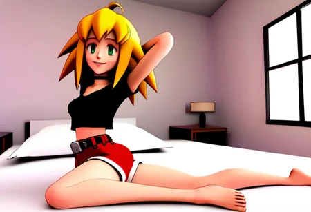 Duplicate seed image with the following changes: Roll crossing her legs at the ankles,
BREAK: 1girl, solo female, Roll Caskett (mega man), <lora:roll_caskett:1>, blonde hair, green eyes, long messy hair with pointed bangs, long side locks and center part hair, black choker, medium breasts, athletic petite female body, cropped t-shirt tanktop, red short-shorts with black belt, barefoot, smooth soles, pretty feet, laying prone on bed with crossed ankles and feet up behind head, smiling at viewer, affection for green fly;
bedroom, green bottlefly,
megaman legends anime style, 3D,
NEGATIVE_HANDS, bad_prompt_version2, ng_deepnegative_v1_75t, NegfeetV2, Perfect Hands, charturnerv2, Perfect feet;