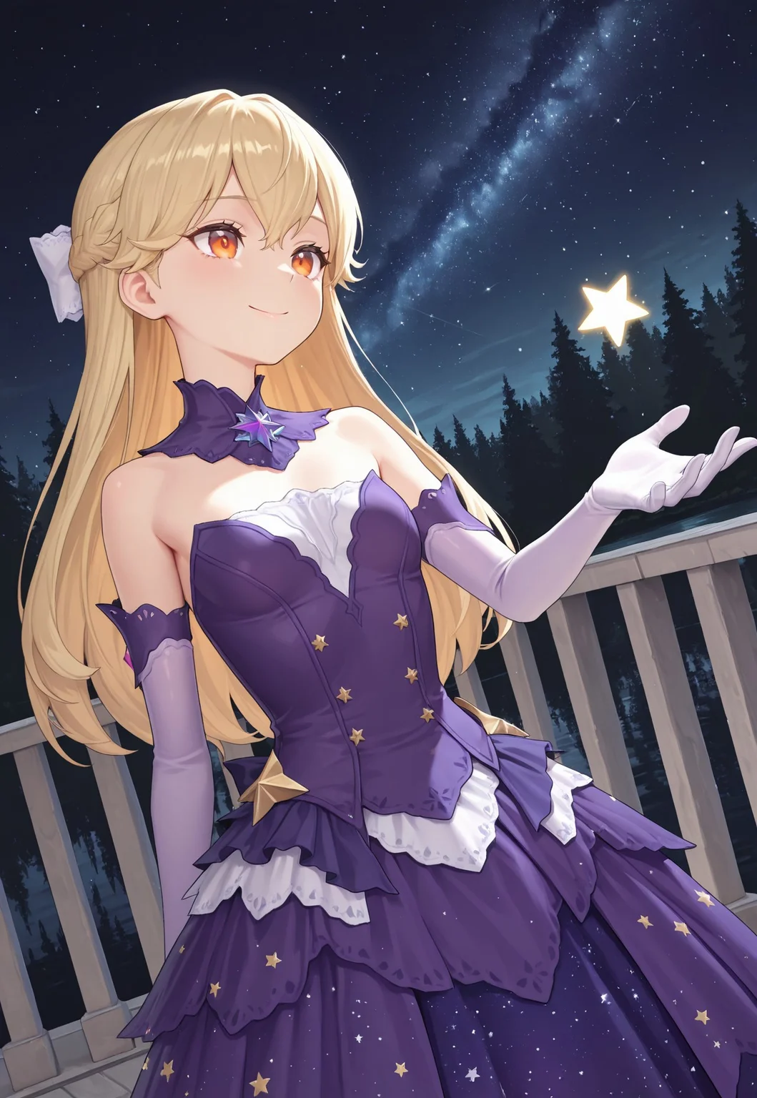 1girl, solo, masterpiece, best quality, outdoor, lake, forest, night, starry sky, star, sky, KRViska, 1girl, solo, blonde hair, gloves, long hair, white gloves, orange eyes, small breasts, purple dress, elbow gloves, star (symbol), bare shoulders, purple gloves, smile, reaching out, dynamic angle, one hand on chest,
masterpiece, best quality, amazing quality, very aesthetic, absurdres, newest,
