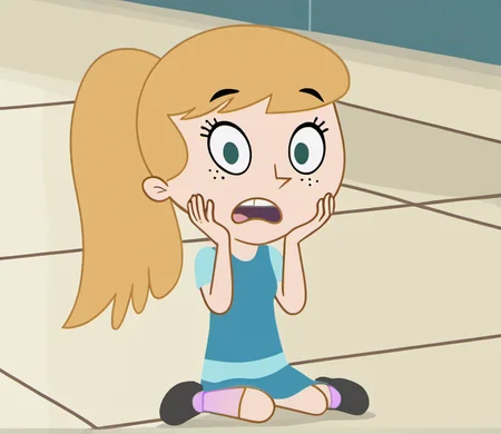 score_9, 1girl, solo, fiokvk1, blonde hair, blue eyes, ponytail, long hair, freckles, full body, shocked, looking at viewer, open mouth, hands on face, on floor, shirt, skirt, socks, shoes, style parody, <lora:fiokvk1:1>,