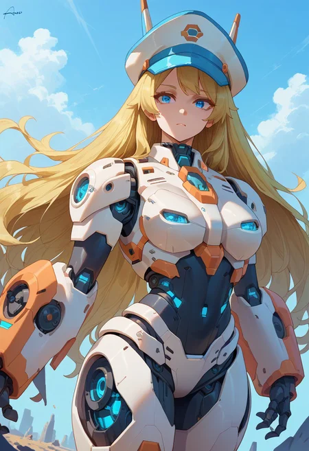score_9, score_8_up, score_7_up, 1girl, original, blonde hair, blue eyes, hat, long hair, mecha, robot